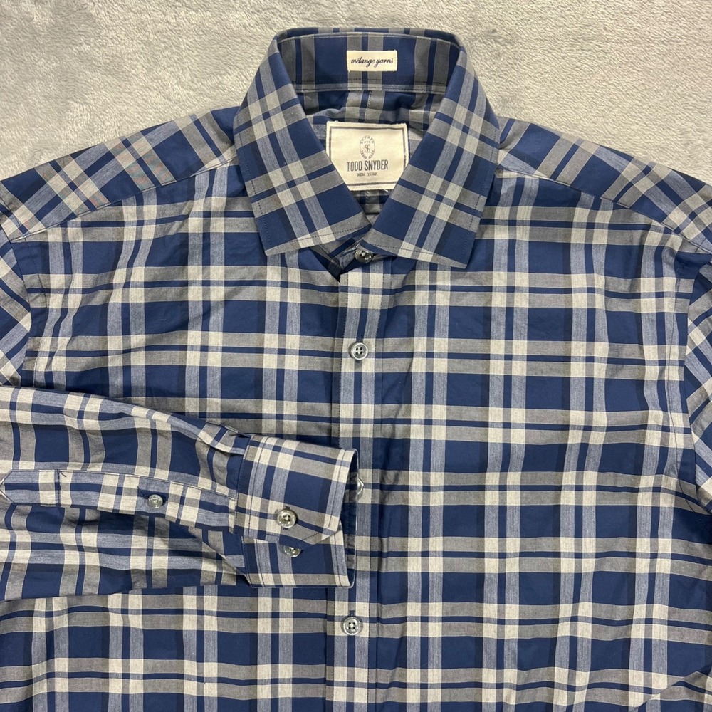 TODD SNYDER Button Down Shirt Mens 15.5 32/33 Blue Grey Plaid Melange Cotton EUC